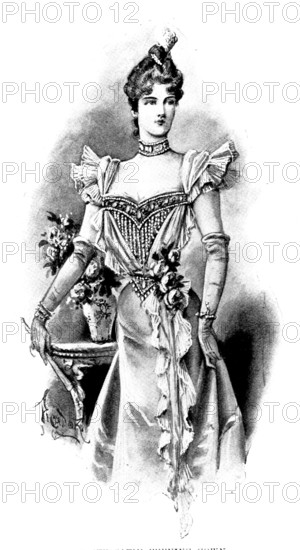 Ladies' Page: a white satin evening gown, 1898. Creator: Picador.