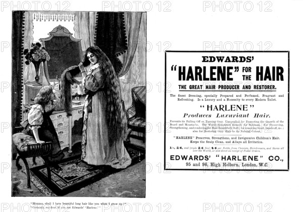 Advertisement for Edwards' "Harlene" for the hair, 1898. Creator: Unknown.