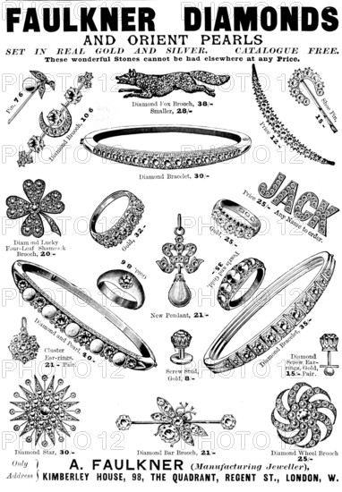 Advertisement for Faulkner Diamonds and Orient Pearls, 1898. Creator: Unknown.