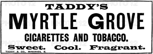 Advertisement for Taddy's Myrtle Grove cigarettes and tobacco, 1898. Creator: Unknown.