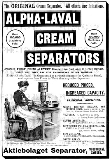 Advertisement for Alpha-Laval Cream Separators, 1898. Creator: Unknown.