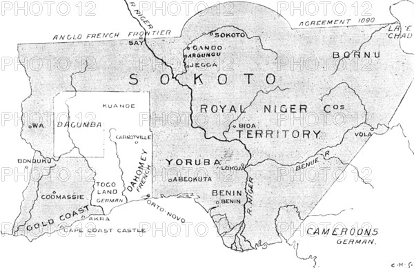 The French in West Africa: map with shaded portion denoting the sphere of British influence, 1898. Creator: Carl Hentschel.