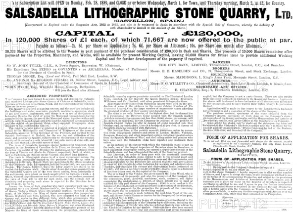 Advertisement for the Salsadella Lithographic Stone Quarry, Ltd., 1898. Creator: Unknown.