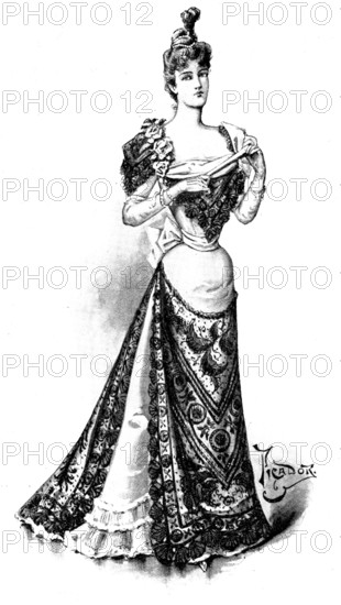 Ladies' Page: an evening frock, 1898. Creator: Picador.