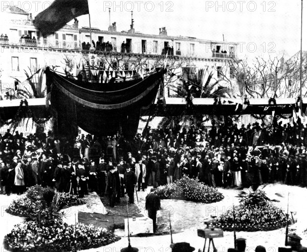 Arrival of the Prince of Wales to lay the foundation-stone of a new pier at Cannes, 1898. Creator: Numa Blanc.