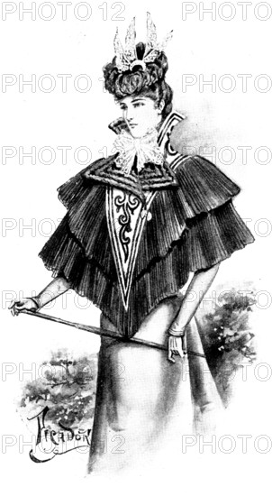 Ladies' Pages: white cloth visite with black chiffon frills, 1898. Creator: Picador.