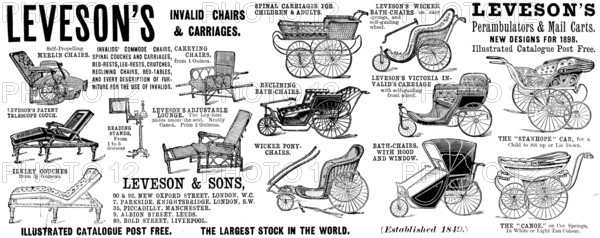 Advertisement for Leveson's Invalid Chairs & Carriages, 1898. Creator: Unknown.