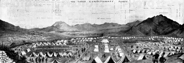 With the Tirah Expeditionary Force: bird's eye view of...Barkai Camp, Bara Valley, 1898. Creator: Unknown.