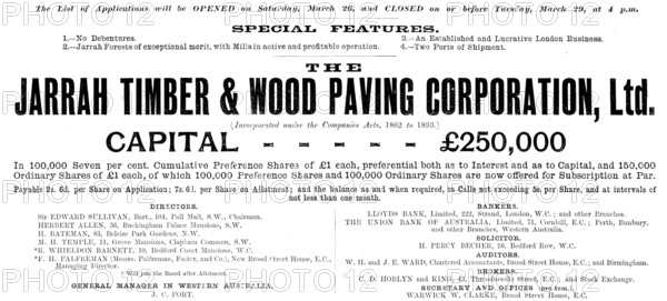 Advertisement for the Jarrah Timber & Wood Paving Corporation, Ltd., 1898. Creator: Unknown.