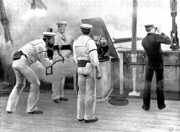 Quick firing practice with a six-pounder Hotchkiss Gun, 1898. Creator: Unknown.