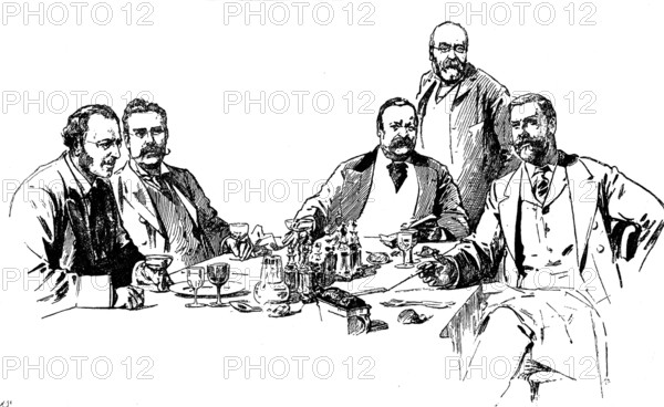 A Luncheon-Table at the Reform Club: Mr. James Payn and four of his friends, 1898. Creator: Unknown.