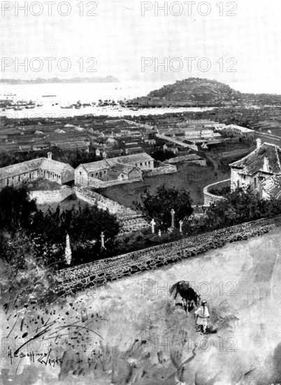 The Chinese Question: the Treaty Port Chefoo - view of the town and harbour, 1898. Creator: Unknown.