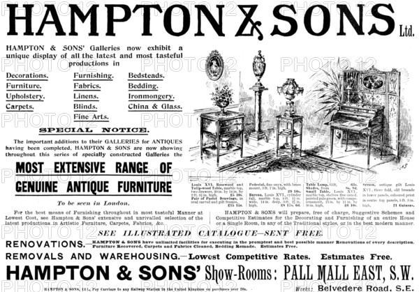 Advertisement for Hampton & Sons' show-rooms, 1898. Creator: Unknown.
