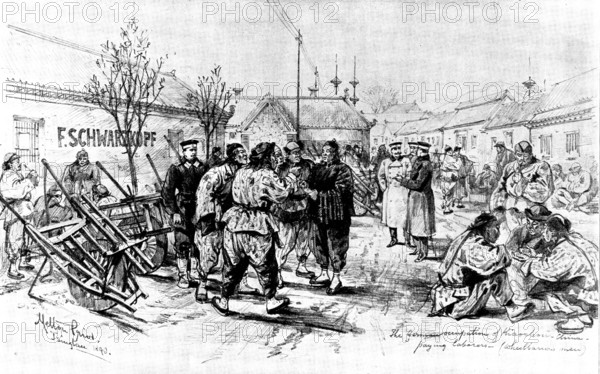 The Chinese Question: the German Occupation of Kiao-Chau: paying Chinese wheelbarrow men..., 1898. Creator: Unknown.