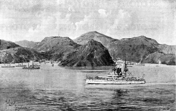The Chinese Question: H.M.S. "Centurion" passing Talien-Wan Bay, now occupied by Russia, 1898. Creator: George Meisenbach.