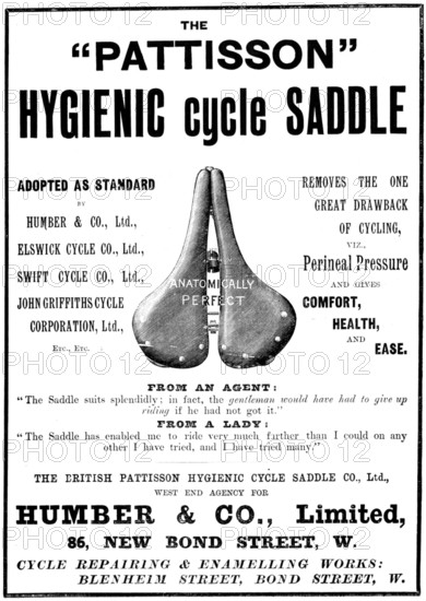 Advertisement for the "Pattisson" Hygienic cycle saddle, 1898. Creator: Unknown.