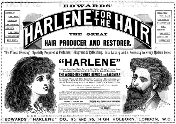 Advertisement for Edward's "Harlene" for the hair, 1898. Creator: Unknown.