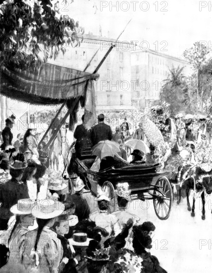 The Queen in the Riviera: Her Majesty witnessing the Children's Battle of Flowers at Nice, 1898. Creator: Unknown.