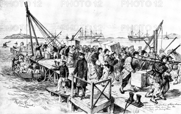 The Chinese Question: Germans landing stores at Tsingtan for Kiao-Chau, 1898. Creator: Unknown.