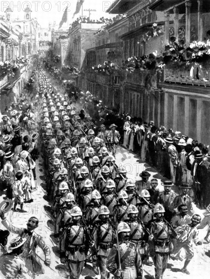 The Spanish-American War: Spanish troops marching through San Juan, the capital of Porto Rico, 1898. Creator: Unknown.