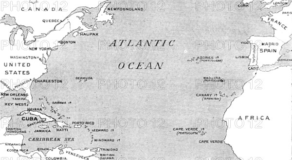 The Spanish-American War: map illustrating the relative positions of the two countries, 1898. Creator: Unknown.