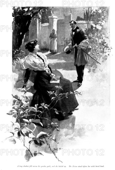 It Was the Nightingale: A...shadow fell across the...path...The Prince stood before her..., 1898. Creator: Unknown.