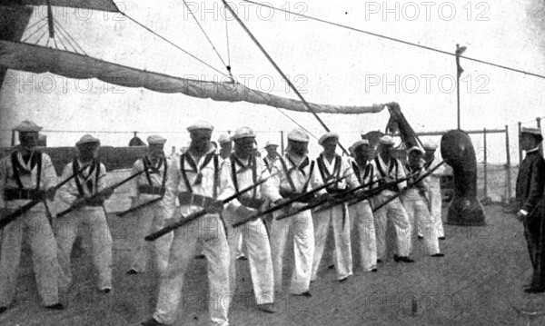 The Spanish-American War: American naval and military types - rifle drill: "Guard!", 1898. Creator: Unknown.