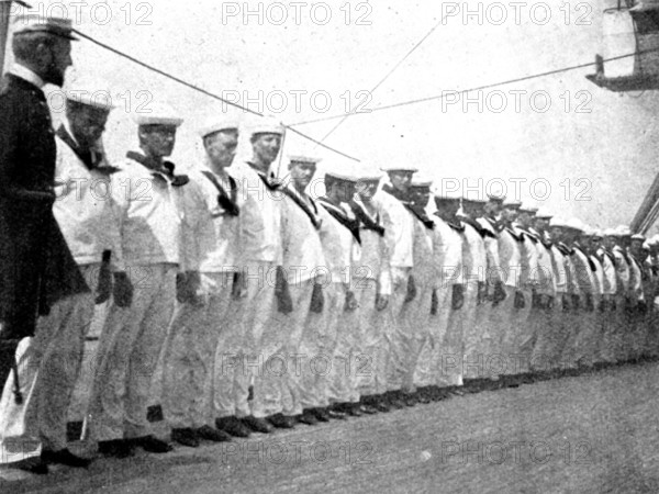The Spanish-American War: American naval and military types - crew drawn up for inspection, 1898. Creator: Unknown.