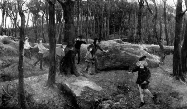 Pictures from the Royal Academy: Hop-O'-My-Thumb guided his brothers safely..." - Eliz. Forbes, 1898 Creator: Unknown.