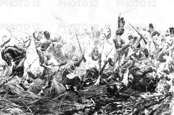 Pictures from the Royal Academy: Gordons and Greys to the Front...Waterloo - Stanley Berkeley, 1898. Creator: Unknown.