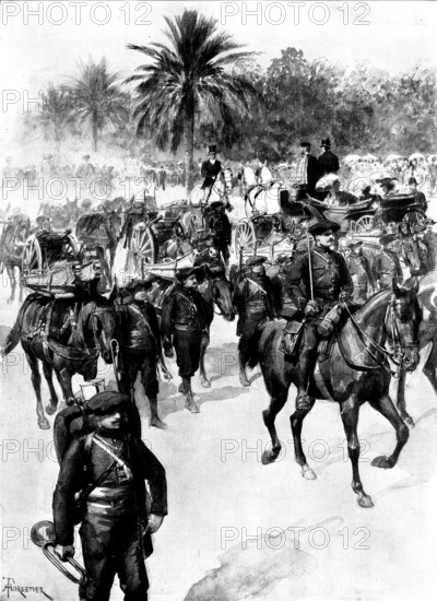 The Queen in the Riviera: Her Majesty reviewing the troops of the Garrison of Nice, 1898. Creator: Unknown.