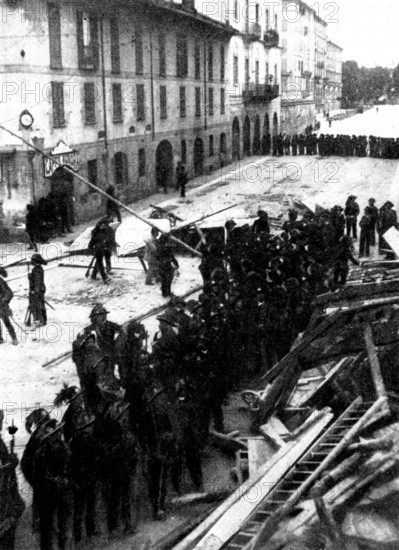 The Riots in Italy: Bersaglieri before a conquered barricade in Milan, 1898. Creator: Stefano Bencetti.