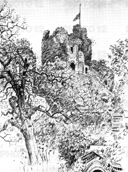 The Death of Mr. Gladstone: the flag at half-mast on the keep of the Old Castle, Hawarden, 1898. Creator: Unknown.