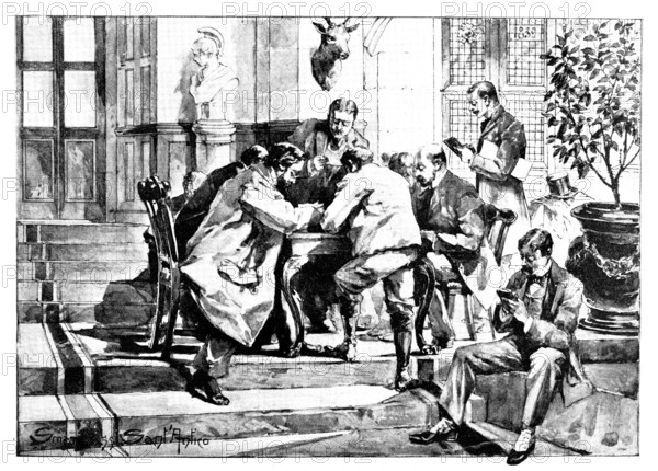 The Death of Mr. Gladstone: reading telegrams from royal...personages in the Hall at Hawarden, 1898. Creator: Unknown.