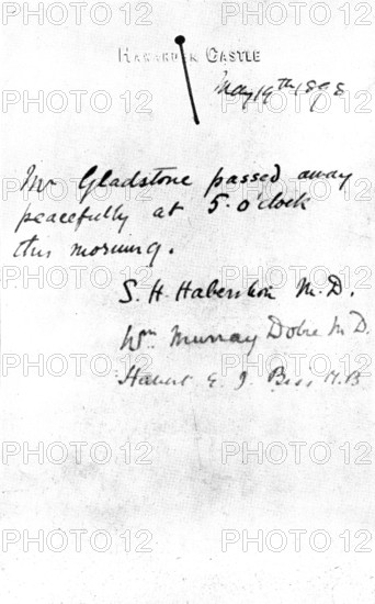 The Death of Mr. Gladstone: facsimile of the last bulletin issued, 1898. Creator: Unknown.