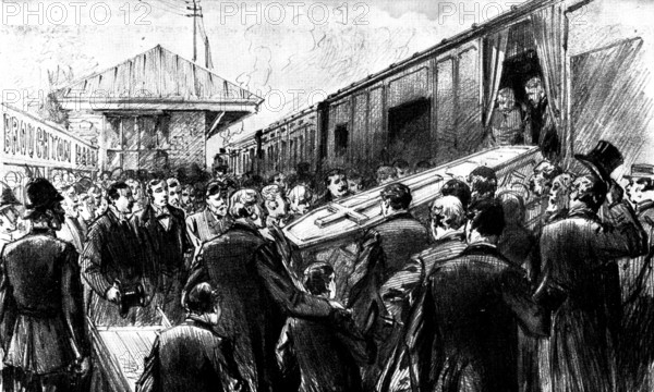 The Funeral of Mr. Gladstone: placing the body in the train at Broughton Hall Station, 1898. Creator: Unknown.