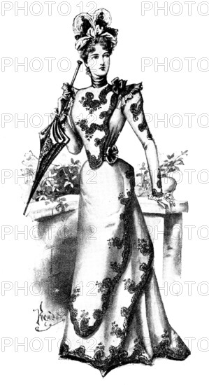 Ladies' Page: a white silk lawn costume, 1898. Creator: Picador.