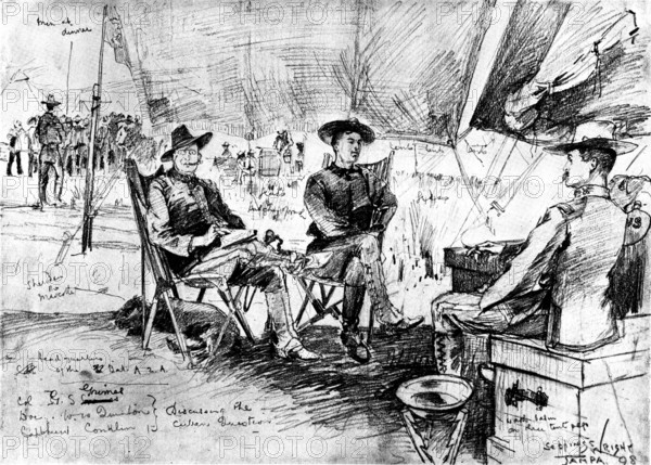 The Spanish-American War - in camp at Tampa: American officers discussing the Cuban Question, 1898. Creator: Unknown.