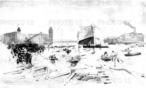 The Scene after the Accident: the launch of H.M.S. "Albion" at Blackwall, 1898. Creator: Unknown.