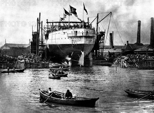 The Launch of H.M.S. "Albion": the vessel on the slip at Blackwall, 1898. Creator: London Stereoscopic & Photographic Co.