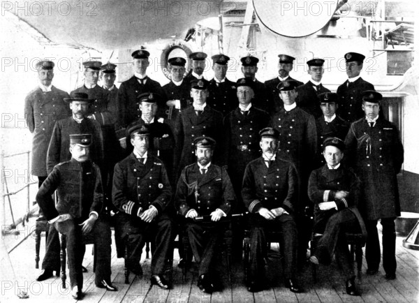 The Duke of York and his officers on board the "Crescent", 1898. Creator: Russell & Sons.