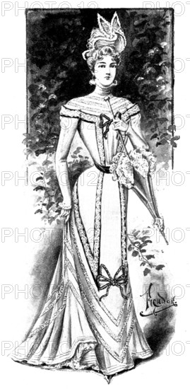 Ladies' Page: dress of white lawn trimmed with black velvet, 1898. Creator: Picador.