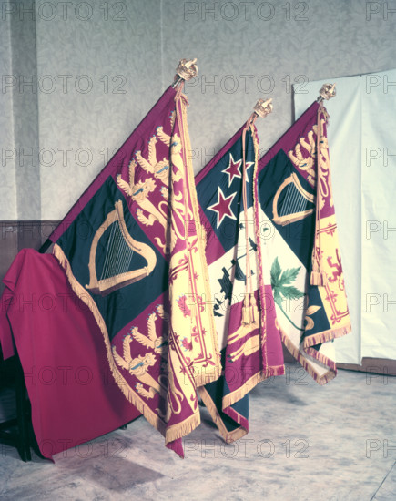Royal, New Zealand and Canadian standards carried at the coronation of Queen Elizabeth II, 1953. Creator: Arthur Charles Kirby Ware.