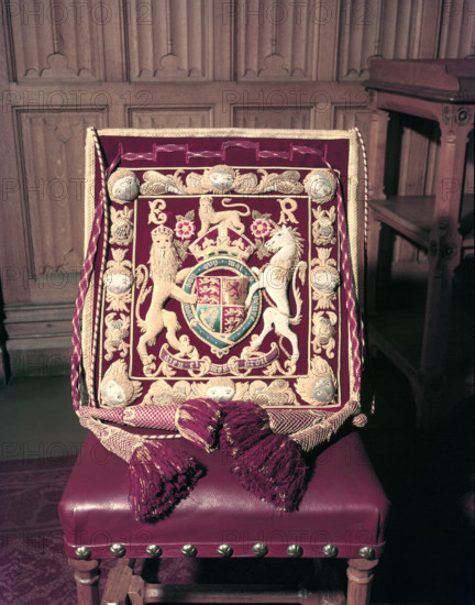 Chair decorated with the Royal Coat of Arms, 1953. Creator: Arthur Charles Kirby Ware.