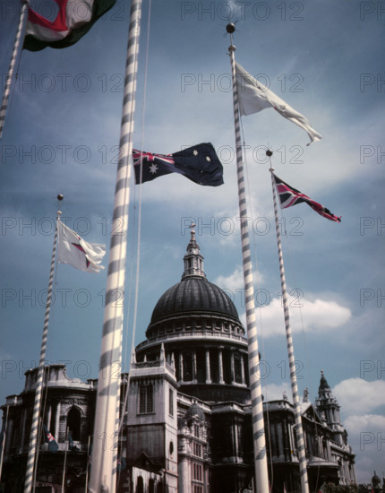 Flags outside St Paul's Cathedral, Coronation of Elizabeth II, 1953. Creator: Arthur Charles Kirby Ware.