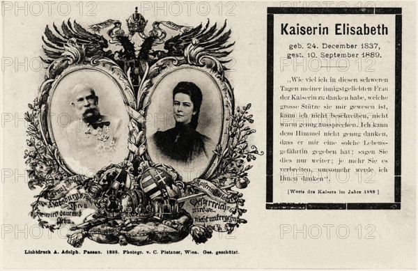 Memorial postcard of the Emperor Franz Joseph I, and the Empress Elisabeth of Austria, 1898. Creator: Adolph, Alphons (1853-1934).