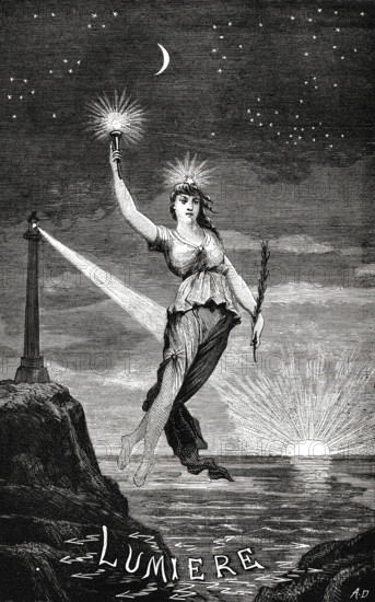 Allegory of Electric Light. From "Physique et chimie populaires" by Alexis Clerc, Early 1880s. Creator: Anonymous.