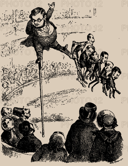 The balancing act Cavour must perform to keep his ministry afloat, 1853. Creator: Anonymous.