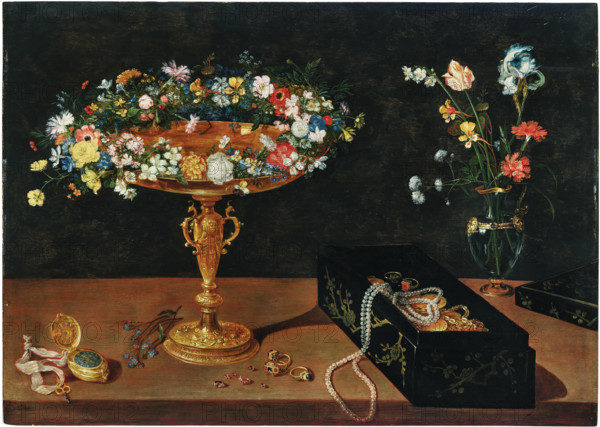 A tazza with a garland of flowers, a jewellery box, a pocket watch and flowers in a glass vase. Creator: Brueghel, Jan, the Younger (1601-1678).