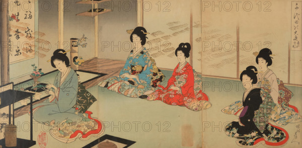 Tea Ceremony with Flower Arranging, from the series The Inner Palace of Chiyoda, 1895. Creator: Chikanobu, Toyohara (Yoshu) (1838-1912).